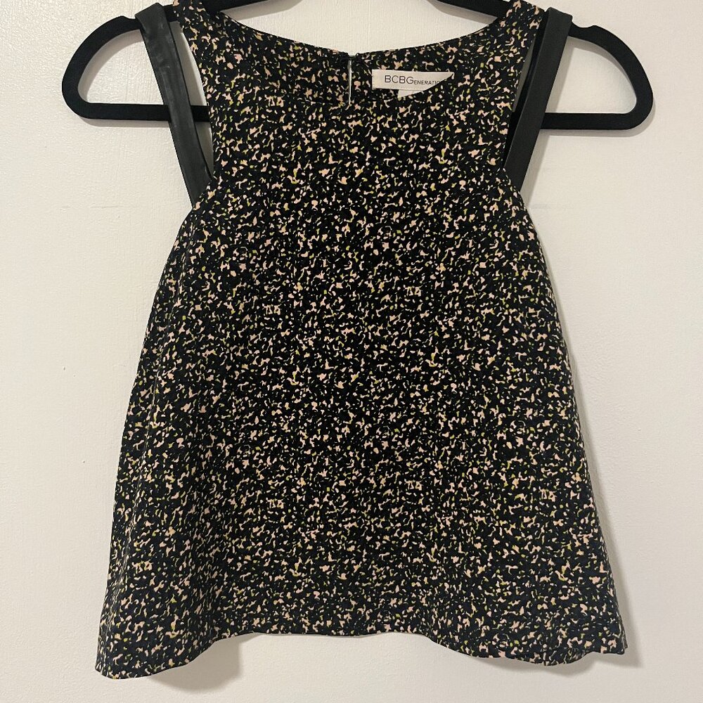 BCBGeneration patterned top with faux leather strap detail
